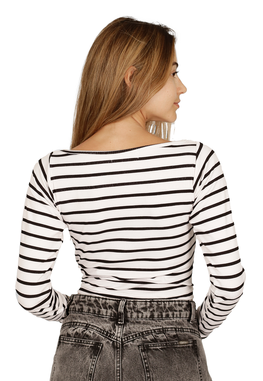 Polera Almendra I Blanca Rayas Negras Divino Jeans
